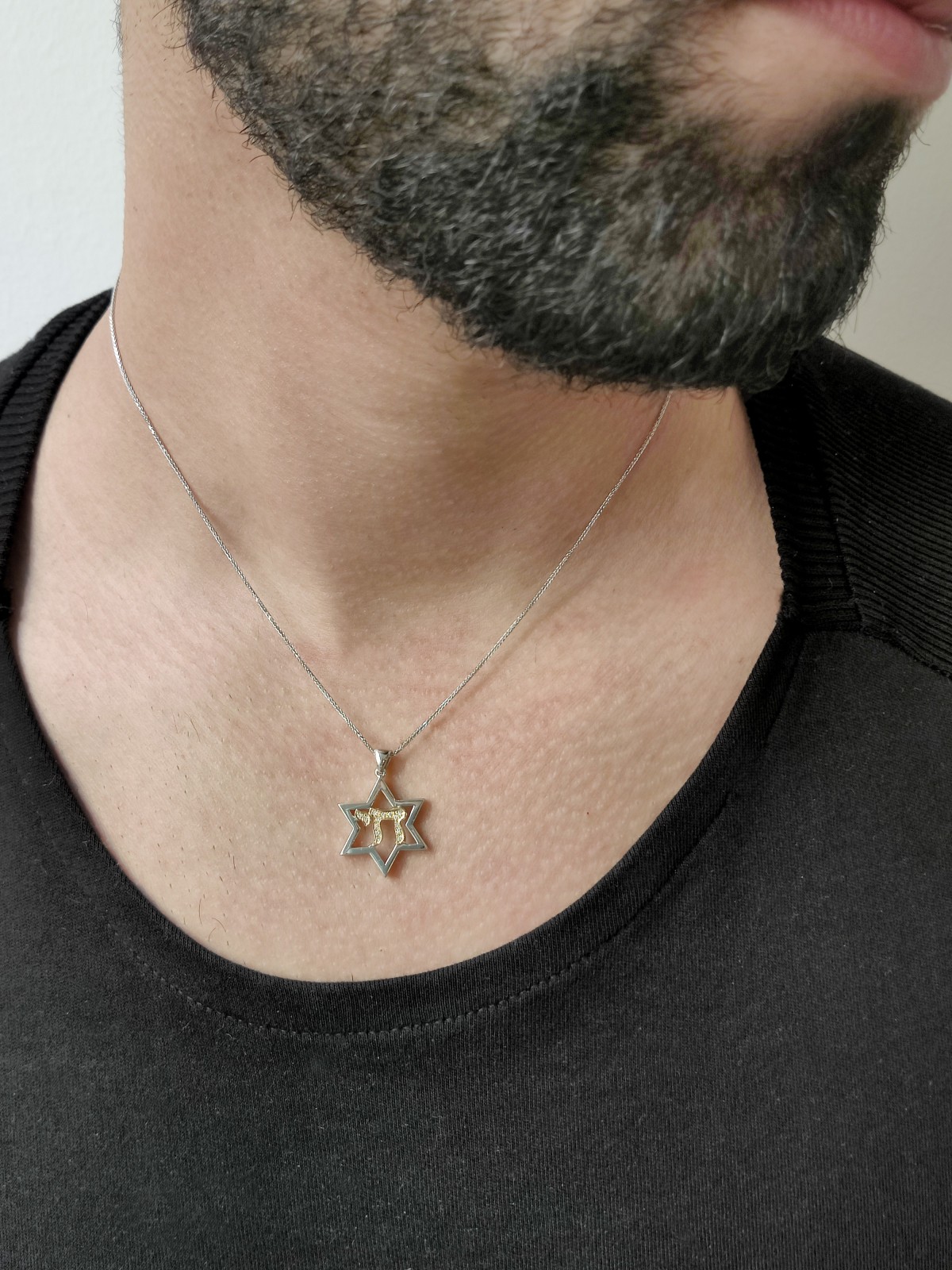 שרשרת מגן דוד וחי מזהב לבן עם די , מתנות ט"ו באב , א